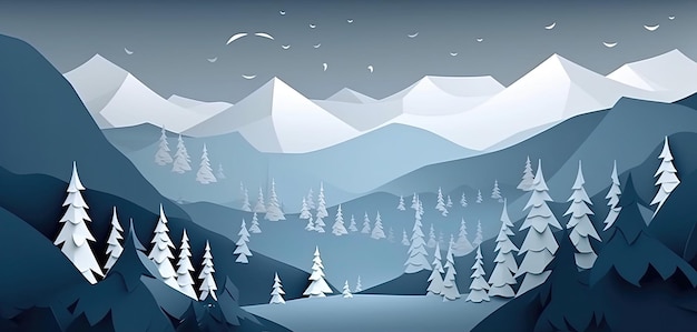 Fondo de paisaje de montaña de invierno cortado en papel con copo de nieve y árbol Ilustración IA generativa