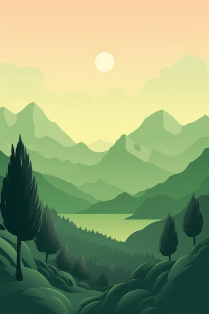 Fondo de paisaje de montañas de estética minimalista abstracta de estilo plano Tonos de color verde