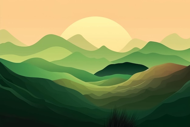 Fondo de paisaje de montañas de estética minimalista abstracta de estilo plano Tonos de color verde