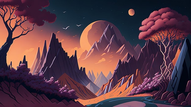 Fondo de paisaje natural Diseño con luna