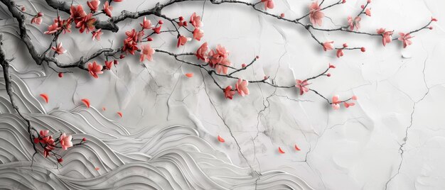 Un fondo de paisaje natural con textura de acuarela moderna rama con hojas y decoración de flores de cerezo en estilo vintage nubes chinas