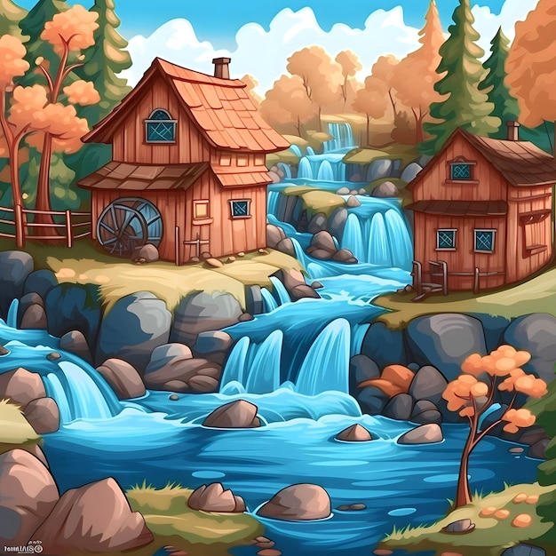 Fondo de paisaje de naturaleza de dibujos animados con cascada y casa