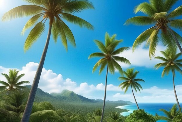 Fondo paisaje de naturaleza tropical con palmeras de coco en fantásticos paisajes marinos increíble cielo azul con nubes para el concepto de vacaciones de verano y viajes de negocios