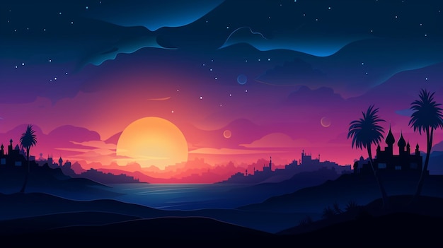 Fondo de paisaje de Ramadán vectorial al atardecer