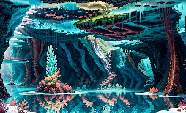 Fondo de paisaje temático azul de anime de fantasía de montañas de lago para libros de cuentos de ilustraciones Publicación de IA generativa procesada por mí