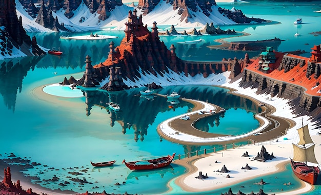 Fondo de paisaje temático azul de anime de fantasía de montañas de lago para libros de cuentos de ilustraciones Publicación de IA generativa procesada por mí