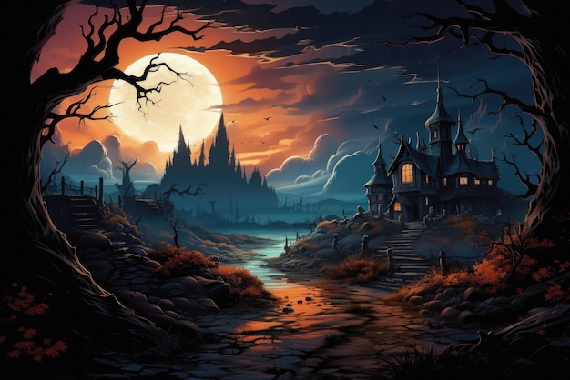 Fondo de paisaje de terror de escena de noche de luna aterradora espeluznante de feliz halloween