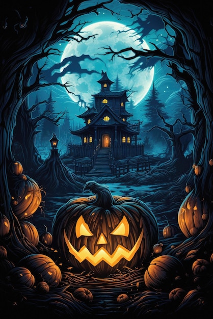 Fondo de paisaje de terror de escena de noche de luna aterradora espeluznante de feliz halloween
