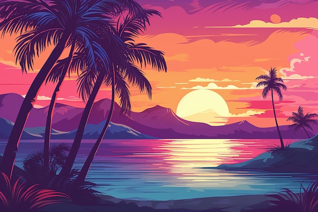 Fondo de paisaje de verano con palmera y marColorido concepto de plantilla de verano de recreación