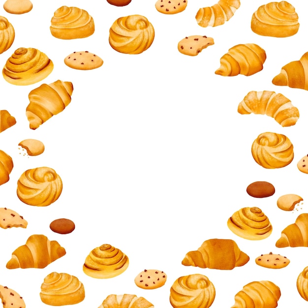 fondo de panadería de acuarela marco redondo de panadería hecho de productos de panadería dulces y postres
