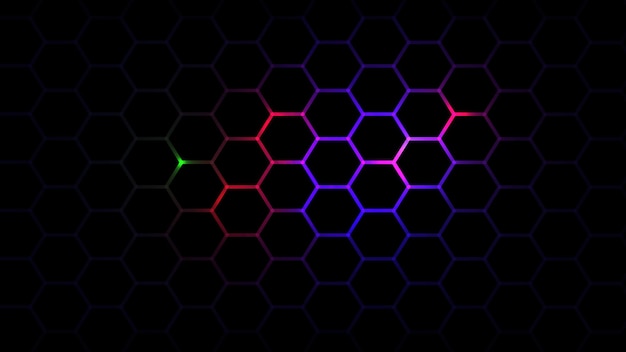 Fondo de panal de abeja de color negro hexagonal con fondo de ilustración de luz de color azul rojo y verde