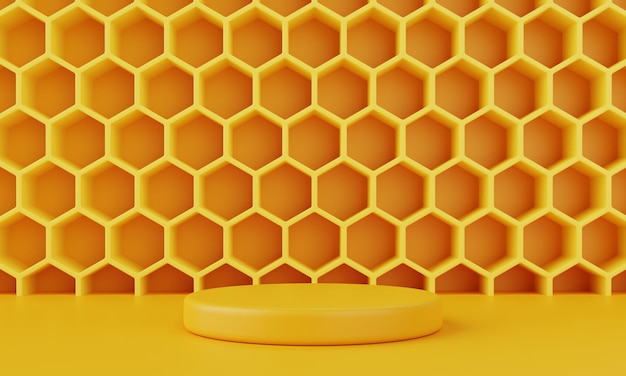 Foto fondo de panal amarillo con escenario de podio mínimo para publicidad objeto y representación de ilustración 3d de concepto abstracto