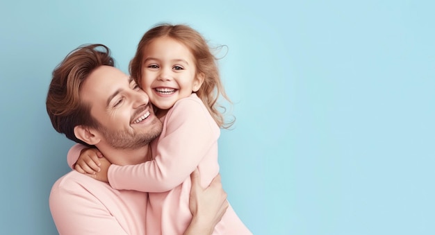 Fondo de pancarta del Día del Padre feliz con un padre joven y una hija pequeña abrazándose y riéndose frente a un fondo azul con espacio de copia generado por IA