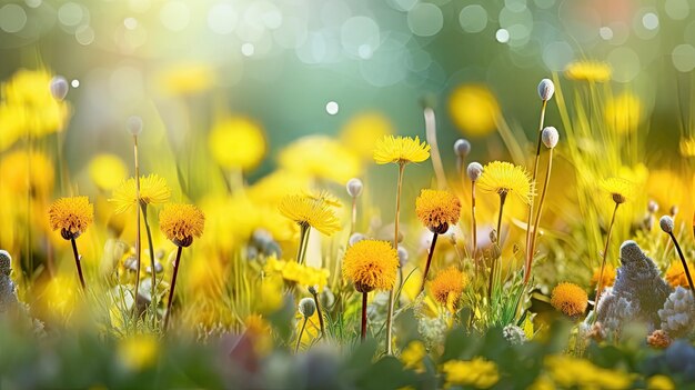 Fondo panorámico del campo con dientes de león amarillos en primavera