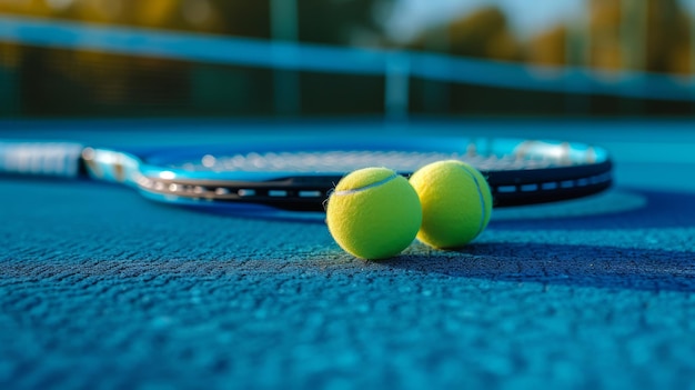 Fondo panorámico de la cancha de tenis con una raqueta azul y dos bolas de tenis