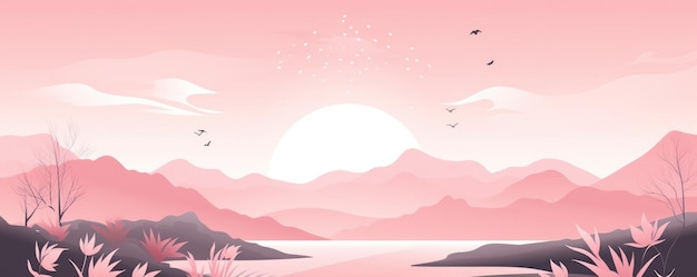 Fondo de pantalla abstracto montañas rosadas con lago panorama Generative Ai