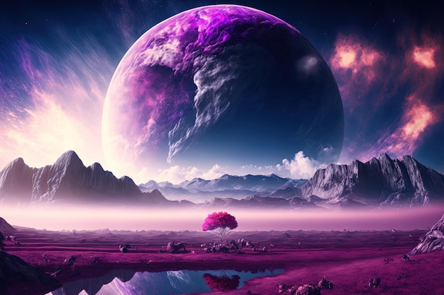 Fondo de pantalla de arte digital de paisaje de fantasía con un gran planeta y nubes púrpuras