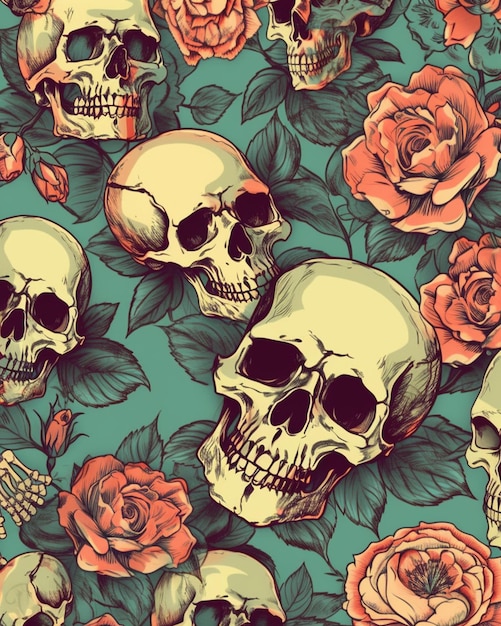 Un fondo de pantalla de calavera y rosas que dice calavera y rosas.