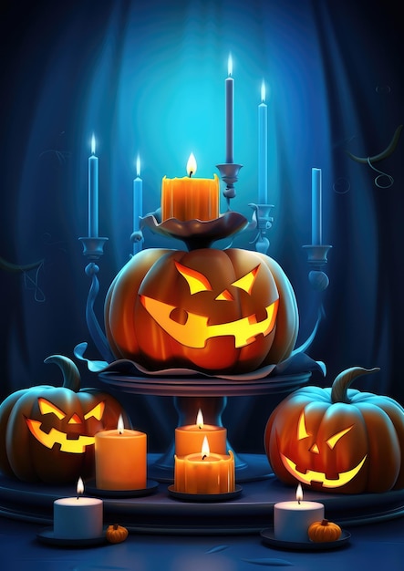 Fondo de pantalla de casa y bosque nocturno aterrador de Halloween con calabazas y luna Generative Ai