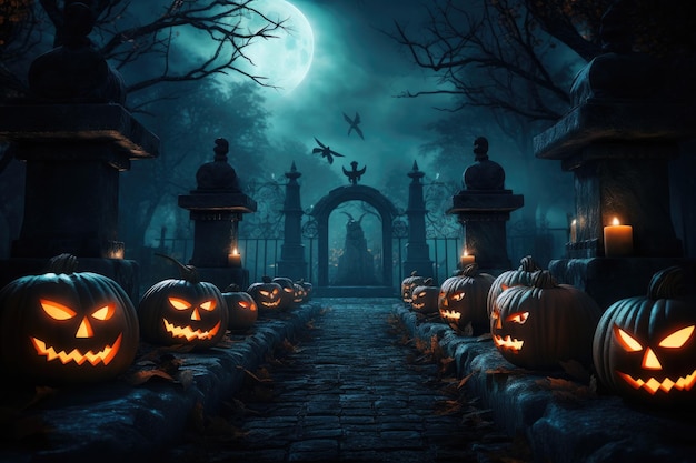 Fondo de pantalla de casa y bosque nocturno aterrador de Halloween con calabazas y luna Generative Ai