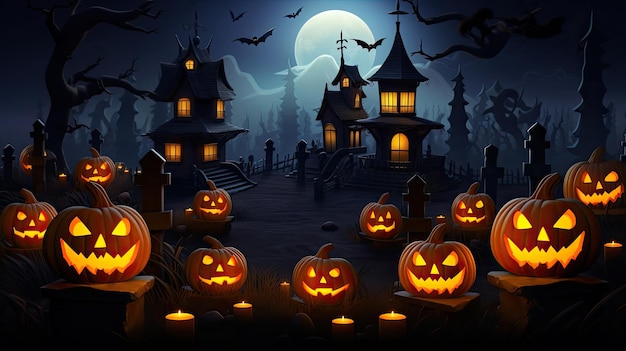 fondo de pantalla del cementerio de la noche de Halloween con espeluznantes calabazas, brujas, luna, murciélagos y cementerio