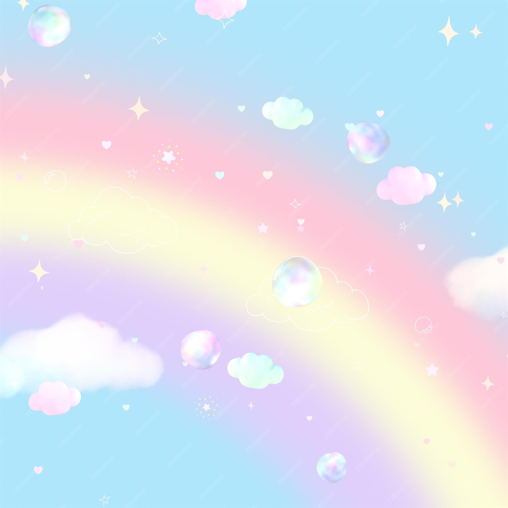 Fondo de pantalla de cielo de arco iris pastel suave renderizado en 3d con  burbujas de nubes y estrellas | Foto Premium