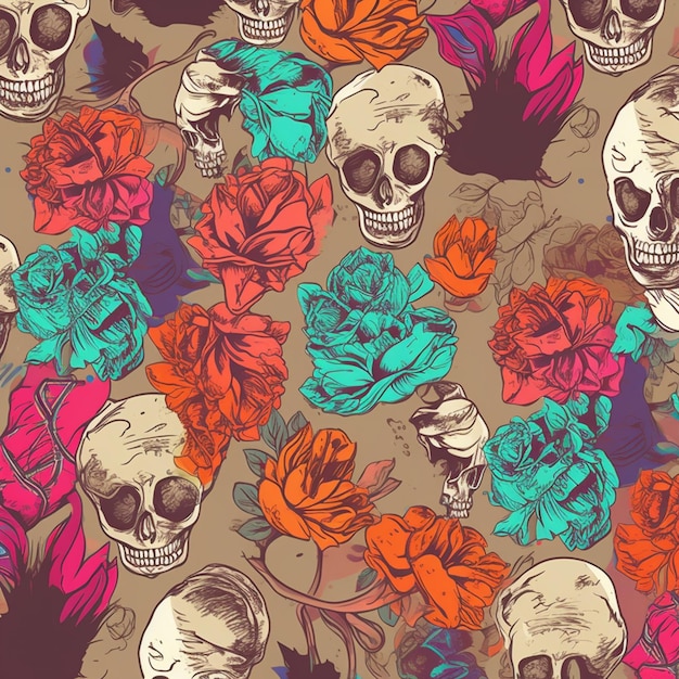 Fondo de pantalla del día de muertos con calaveras y rosas.