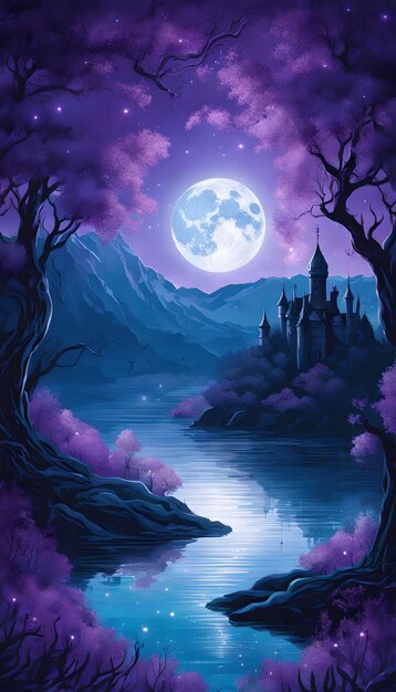 Fondo de pantalla de fantasía enigmático lago iluminado por la luna