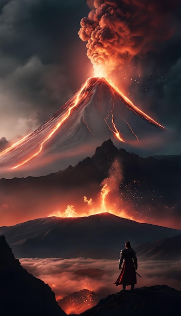 Fondo de pantalla de fantasía del reino del volcán que escupe fuego