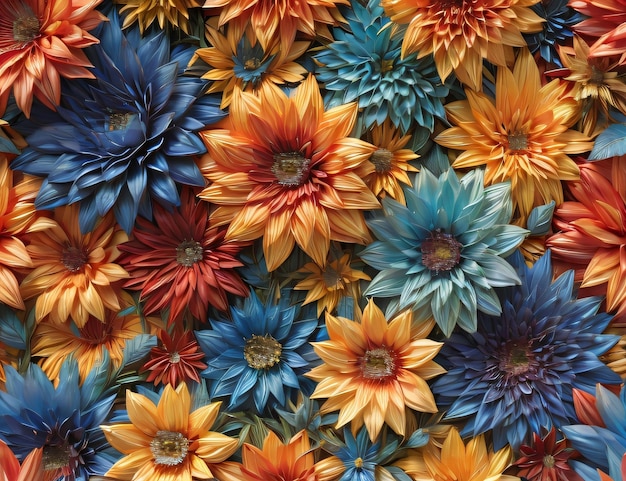 Un fondo de pantalla de una flor de colores con un fondo azul y naranja.