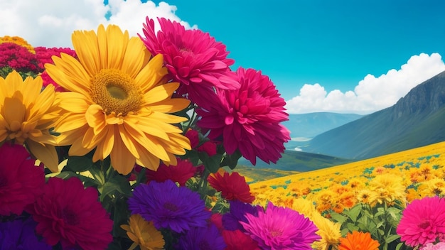 Fondo de pantalla de flores coloridas en 8K con playa de montaña e isla