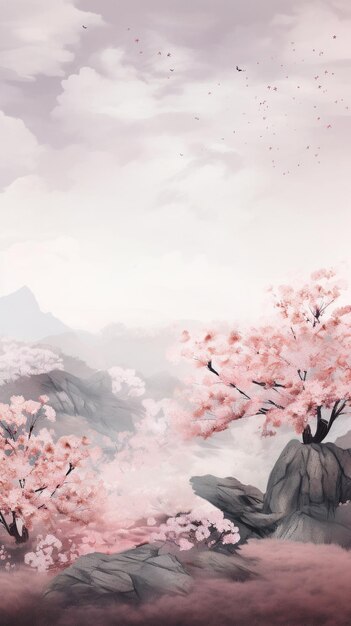 Fondo de pantalla de flores de sakura rosadas en un paisaje panorámico Imagen AI generativa