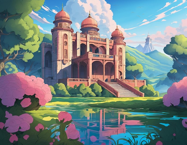 Foto fondo de pantalla de fondo de ilustración de castillo de fantasía de árboles de flores rosadas de estilo cómico de dibujos animados