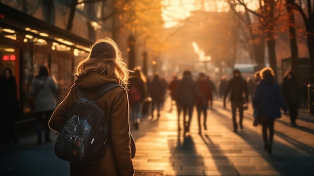 Fondo de pantalla con gente borrosa caminando por la moderna ciudad lluviosa en rayos de sol brillante