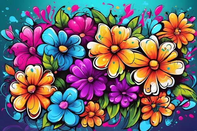 Foto fondo de pantalla de graffiti de flores fondo de graffiti patrón de graffiti floral fondo de graffiti de flores arte de graffiti de flores pintura de graffiti floral ai generativo