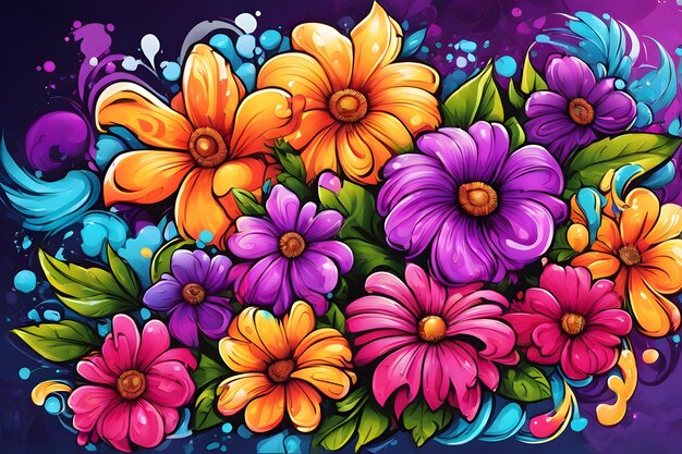 Foto fondo de pantalla de graffiti de flores fondo de graffiti patrón de graffiti floral fondo de graffiti de flores arte de graffiti de flores pintura de graffiti floral ai generativo