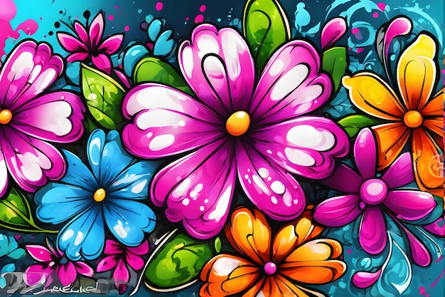 Fondo de pantalla de graffiti de flores Fondo de graffiti Patrón de graffiti floral Fondo de graffiti de flores Arte de graffiti de flores Pintura de graffiti floral AI generativo