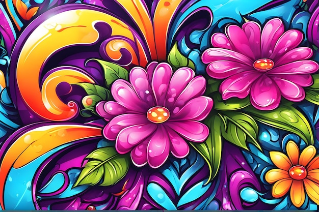 Fondo de pantalla de graffiti de flores Fondo de graffiti Patrón de graffiti floral Fondo de graffiti de flores Arte de graffiti de flores Pintura de graffiti floral AI generativo