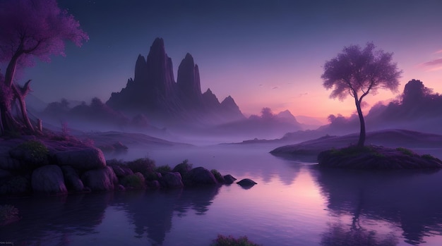 Fondo de pantalla HD que muestra un paisaje de fantasía místico y sereno al atardecer.