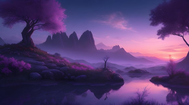 Fondo de pantalla HD que muestra un paisaje de fantasía místico y sereno al atardecer.