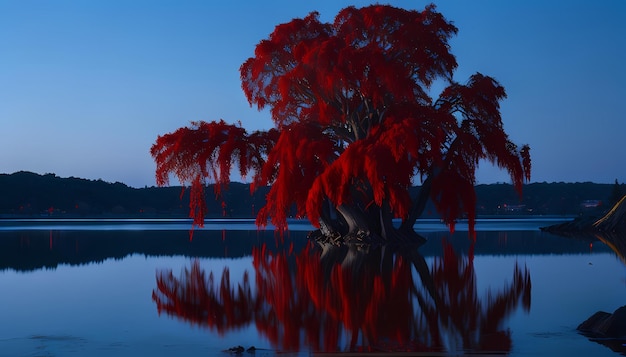 Fondo de pantalla HD Árbol rojo sereno en la isla en medio de cielos brumosos