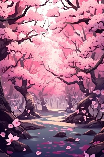 Un fondo de pantalla de un hermoso jardín primaveral de sakura Ilustración Generativa AI