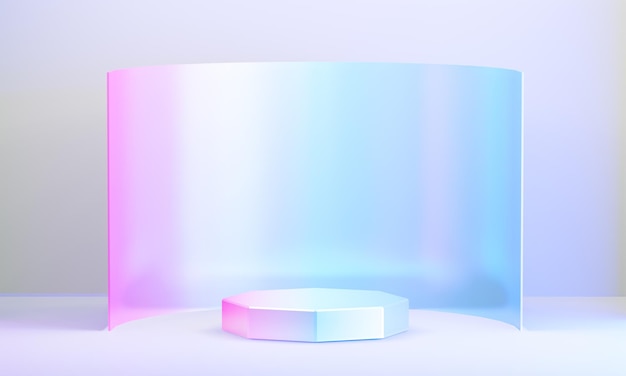 Fondo de pantalla hexagonal de podio de color de un holograma luz azul rosa con pared curva en púrpura