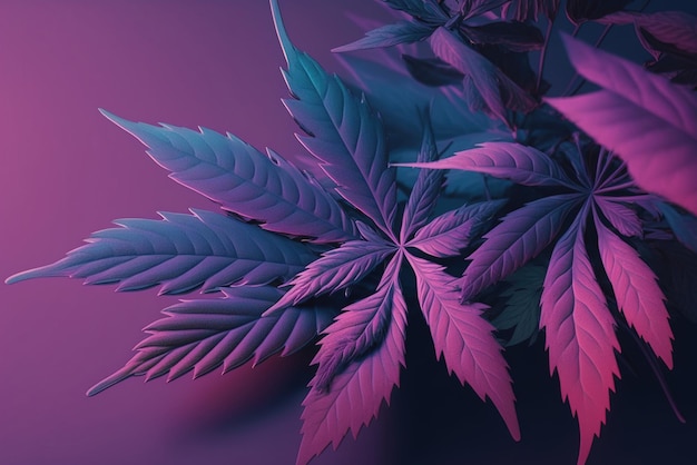 Fondo de pantalla de hojas de cannabis en luz de neón AI generativa