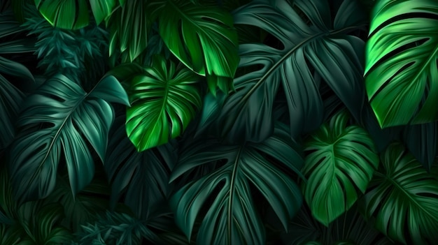 Fondo de pantalla de hojas de palma y monstera en la idea de la jungla para la vista superior interior generada por IA