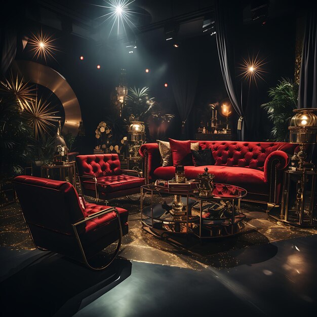 Fondo de pantalla de Hollywood Glamour Fondo de alfombra roja Chaise Lounge de terciopelo Concepto creador de contenido