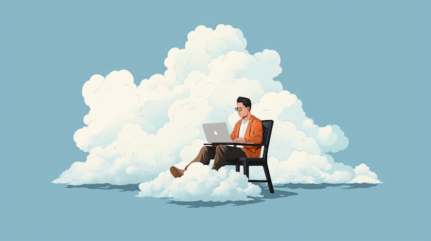 Fondo de pantalla de ilustración de un programador sentado en las nubes