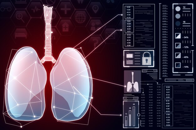 Fondo de pantalla de interfaz de pulmones médicos de color rojo brillante abstracto con iconos Concepto de medicina e innovación Representación 3D