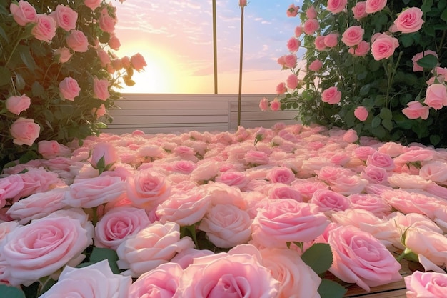 Un fondo de pantalla de un jardín con rosas rosadas.