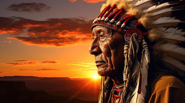 Fondo de pantalla de jefe nativo americano puesta de sol en alta definición al estilo de una representación hiperdetallada realista